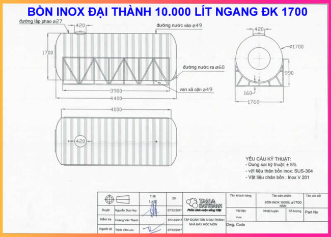 BẢNG VẼ KỶ THUẬT BỒN INOX 10M3 ĐẠI THÀNH ĐƯỜNG KÍNH 1700