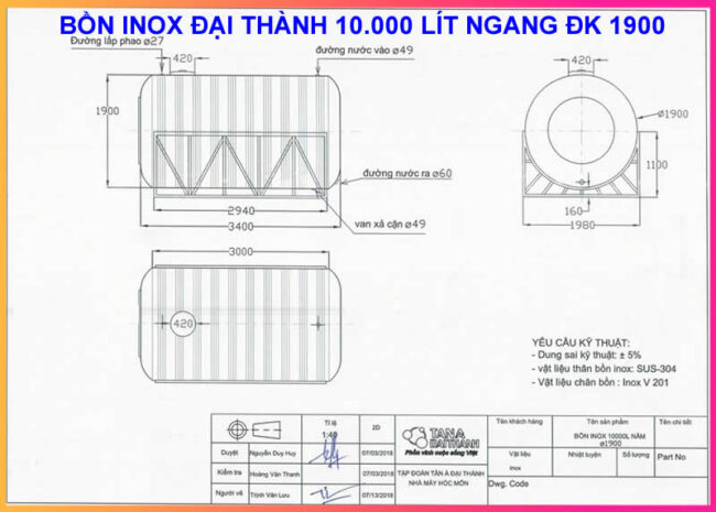 BẢNG VẼ KỶ THUẬT BỒN INOX 10M3 ĐẠI THÀNH ĐƯỜNG KÍNH 1900