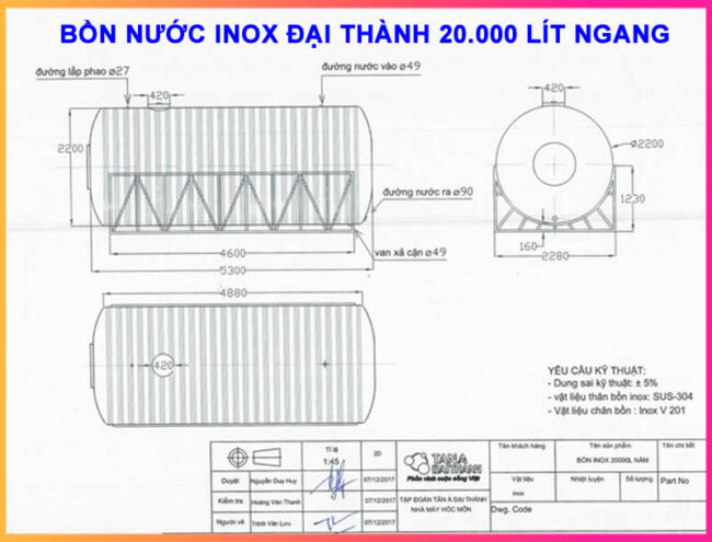 BẢNG VẼ KỶ THUẬT BỒN INOX 20.000 LÍT ĐẠI THÀNH