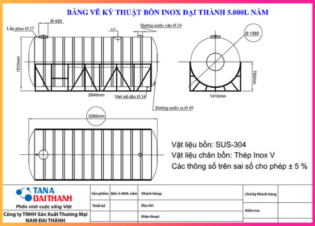 BẢNG VẼ KỶ THUẬT BỒN INOX ĐẠI THÀNH 5000 LÍT NGANG