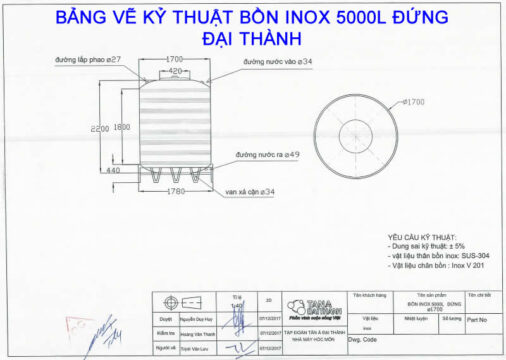 BẢNG VẼ KỶ THUẬT BỒN INOX 5000L ĐỨNG ĐẠI THÀNH