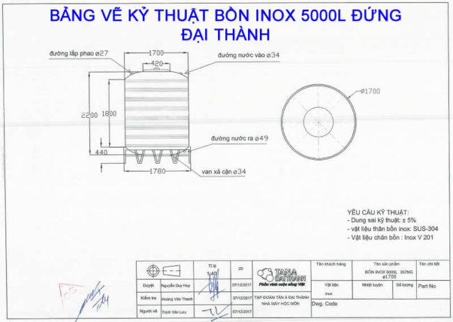 BẢNG VẼ KỶ THUẬT BỒN INOX 5000L ĐỨNG ĐẠI THÀNH